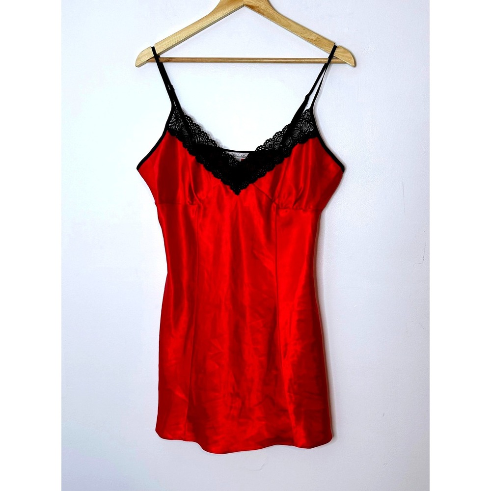 Linea Donatella Red Slip Dress Lingerie Lace Trim Satin Sexy Nightie Size L
